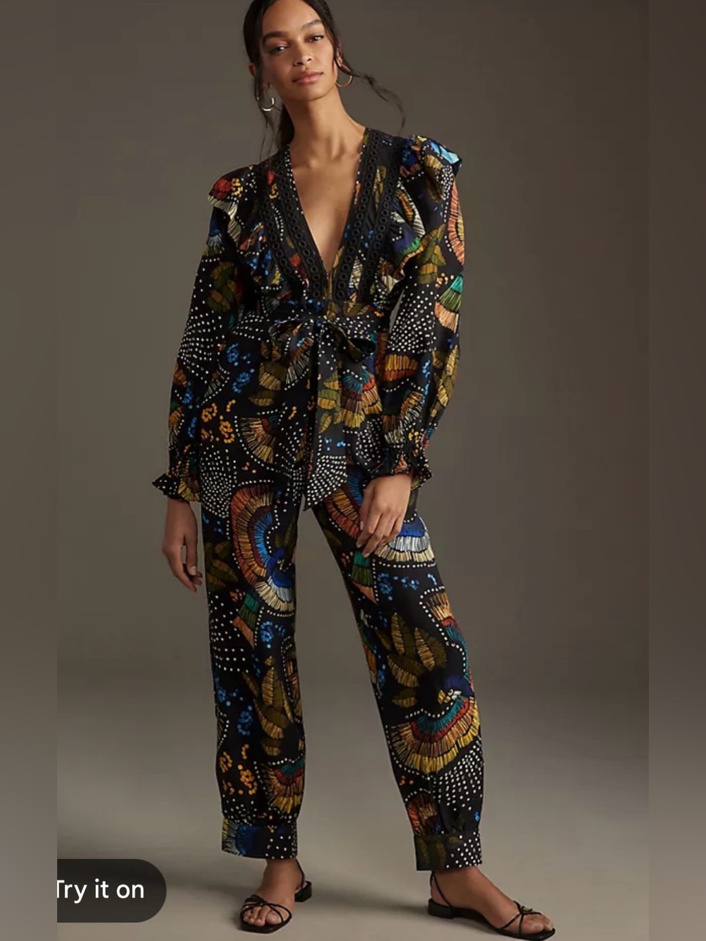 Farm Rio X Anthropologie Black Multi-Color Printed Straight-Leg Jumpsuit s XS